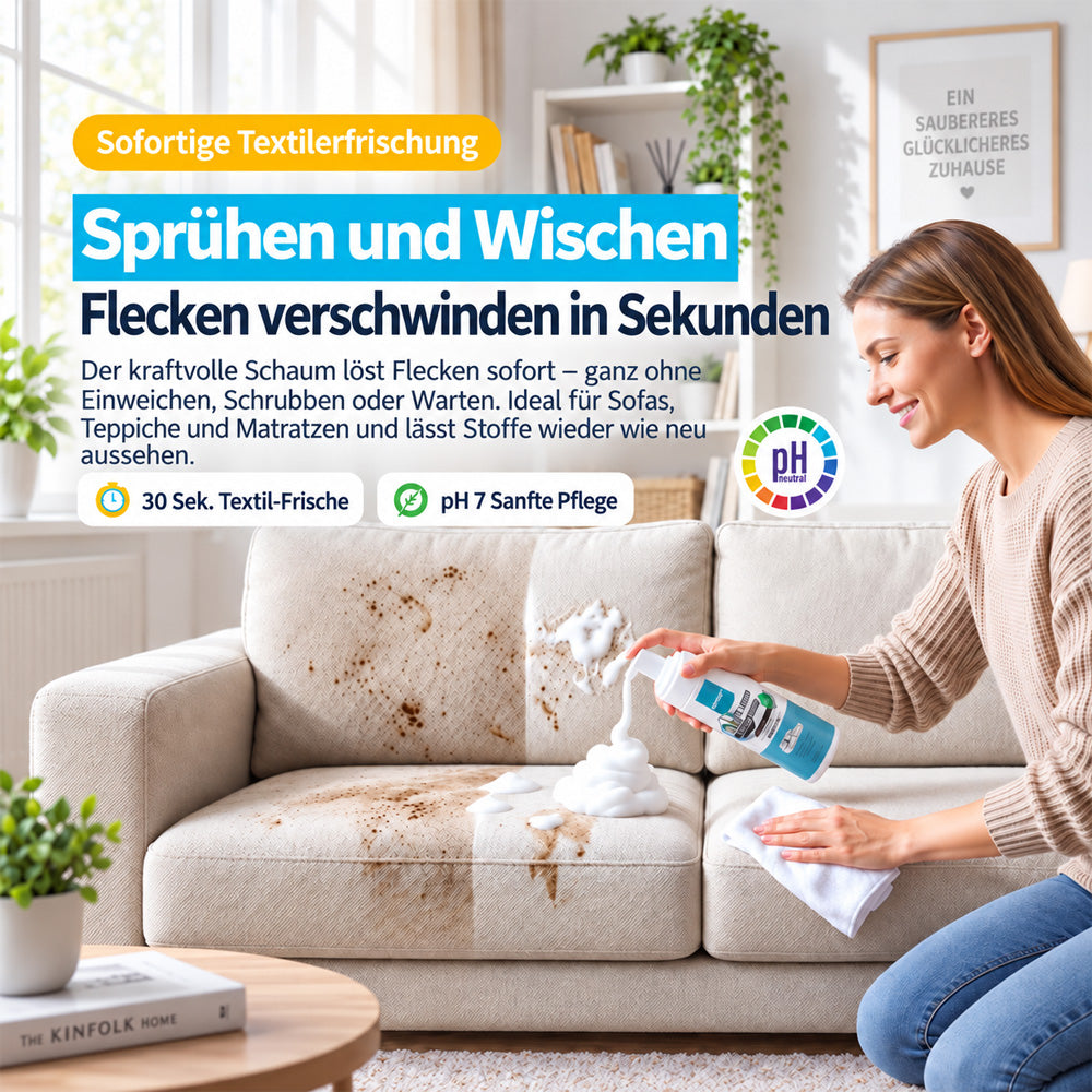 ⚡ 2026er BESTSELLER 🥳 Kraftvoller Schaumreiniger für Textilien – Entfernt Flecken in 30 Sekunden, beseitigt 99 % der Bakterien und ist einfach anzuwenden. Tiefenreinigung ohne mühsames Schrubben – Jetzt sparen!