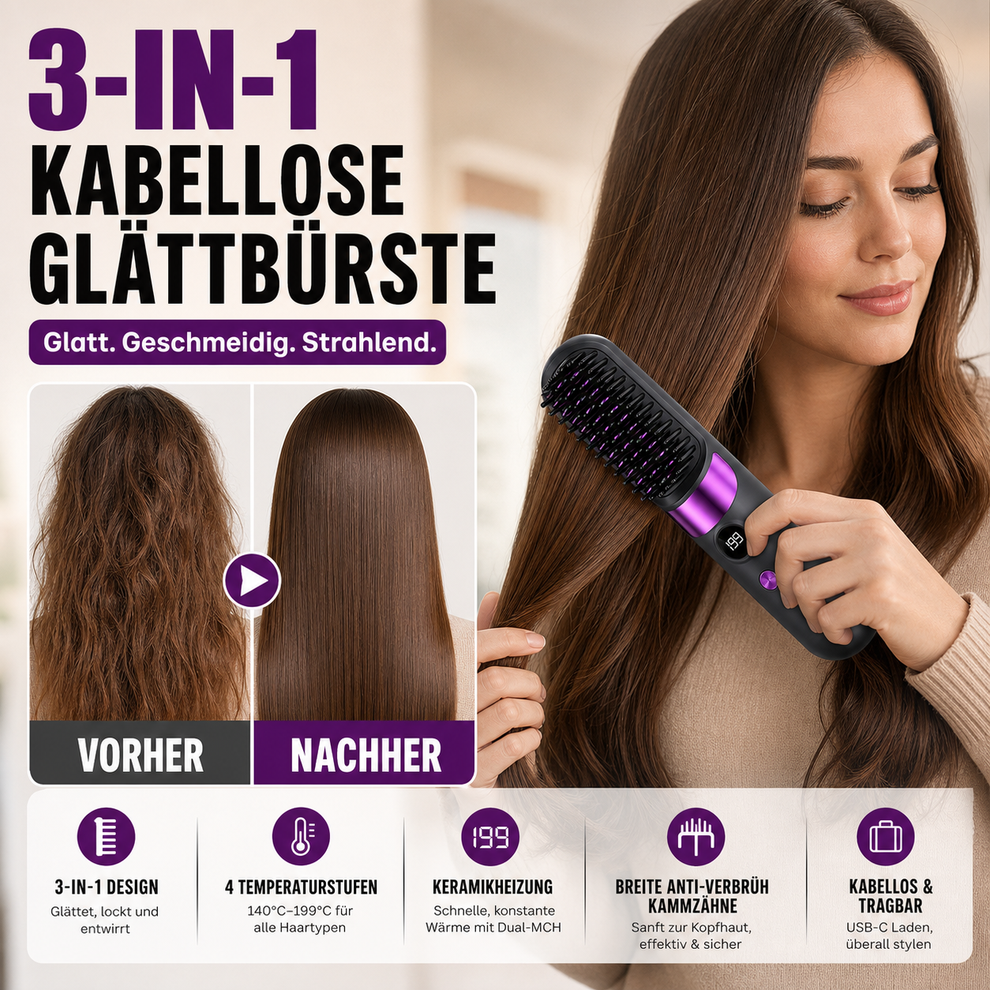 💇‍♀️🔥 3-in-1 Kabellose Glättungsbürste – glätten, locken, entwirren – USB-C, 4 Stufen – perfektes Haar überall! ✨