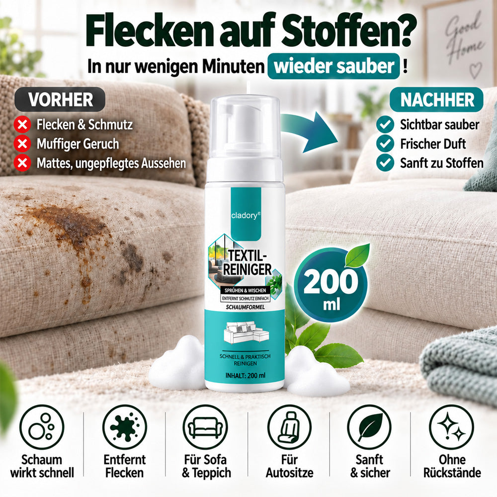 ⚡ 2026er BESTSELLER 🥳 Kraftvoller Schaumreiniger für Textilien – Entfernt Flecken in 30 Sekunden, beseitigt 99 % der Bakterien und ist einfach anzuwenden. Tiefenreinigung ohne mühsames Schrubben – Jetzt sparen!