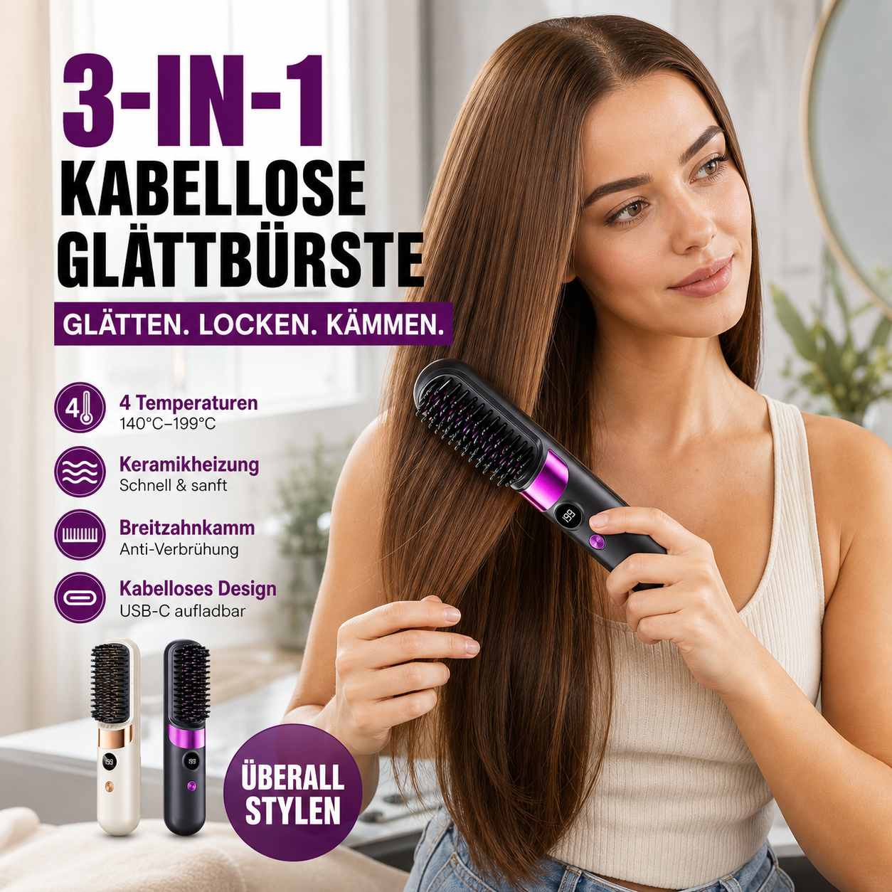 💇‍♀️🔥 3-in-1 Kabellose Glättungsbürste – glätten, locken, entwirren – USB-C, 4 Stufen – perfektes Haar überall! ✨
