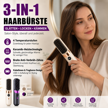 💇‍♀️🔥 3-in-1 Kabellose Glättungsbürste – glätten, locken, entwirren – USB-C, 4 Stufen – perfektes Haar überall! ✨