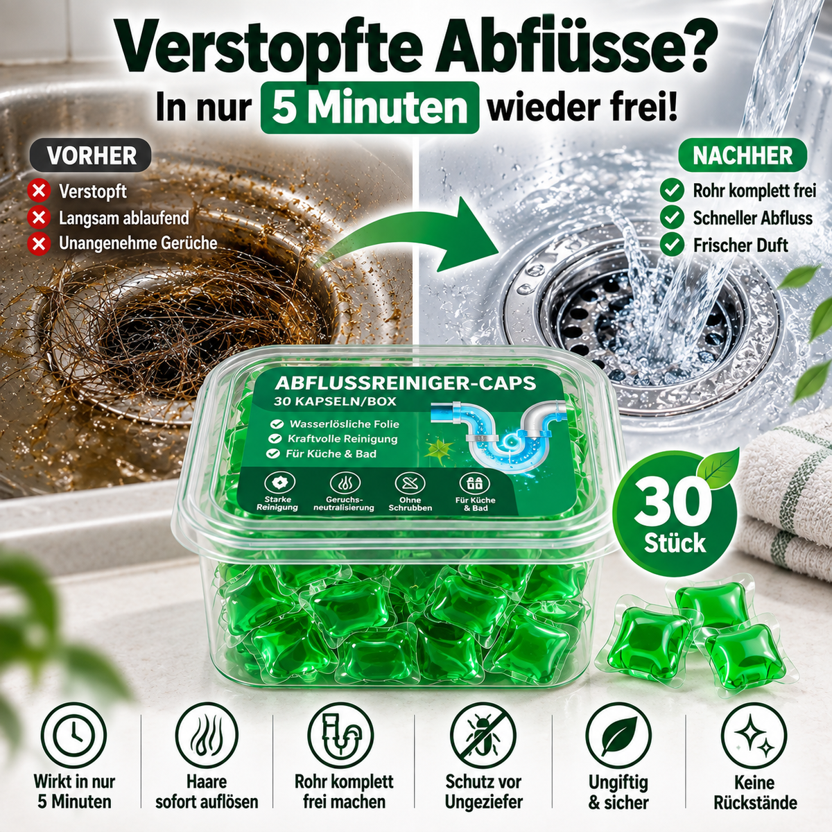 🆙🆙🆙30er Abflussreiniger-Caps – Lösen Haare, Fett & Verstopfungen in nur 5 Minuten
